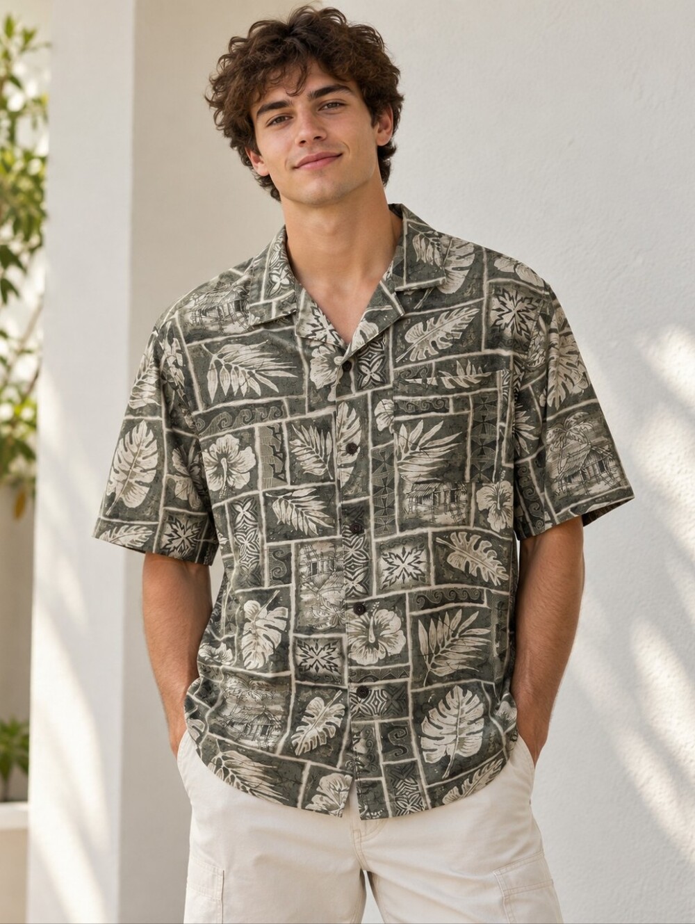 George men’s short sleeve button-up shirt Olive green and beige tropical print L
